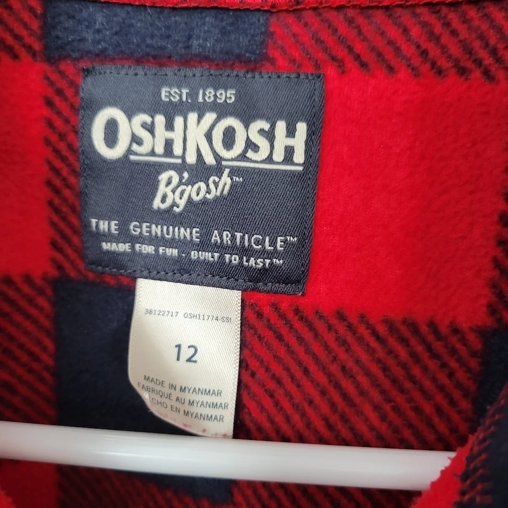 Oshkosh Big Boys 12 Red Navy Blue Check Plaid Full Zip Fleece Jacket Fall Winter